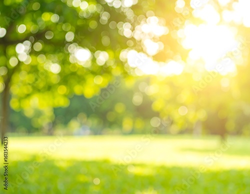 Blurry park scene, sunlit greens