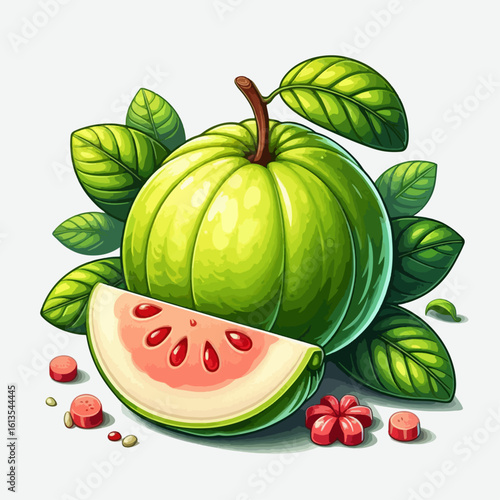 A vibrant illustration of a whole green guava fruit with a slice revealing its pink flesh and seeds, surrounded by lush green leaves.