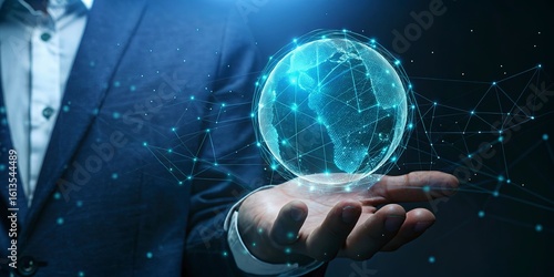 Businessman holding a glowing digital globe with network connections