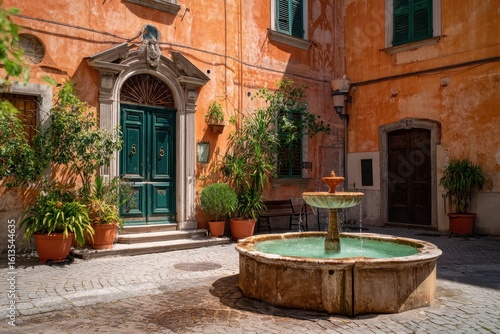 Fototapeta Naklejka Na Ścianę i Meble -  Fountain in square with architecture. Sun highlights old, inviting courtyard
