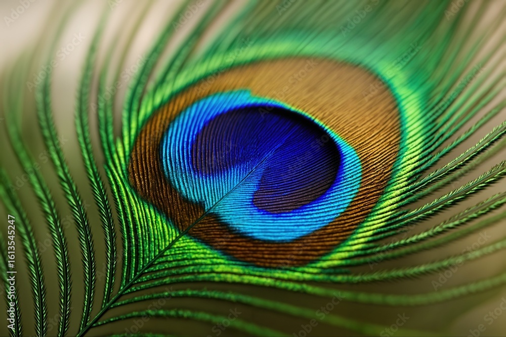 Naklejka premium Close Up of Vibrant Iridescent Peacock Feather Featuring Eye Spot in Lush Green and Blue Hues for Nature Design and Elegant Decor Themes