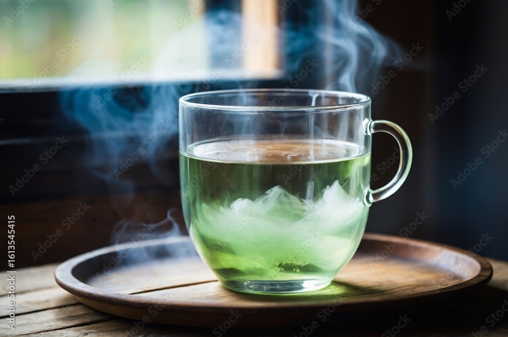 Steamy Glass Teacup on Rustic Wooden Tray in Natural Light Steamy Glass Teacup on Rustic Wooden Tray in Natural Light