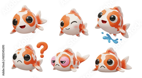Cartoon goldfish in various poses, expressions, and actions against a white background.