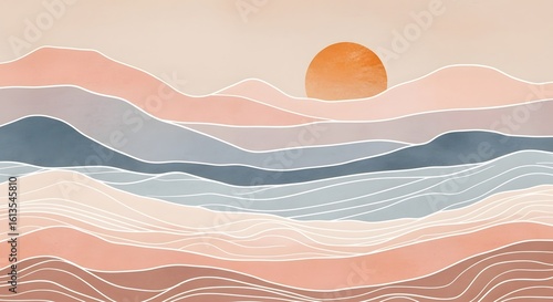 Creative minimalist modern paint and line art print. Abstract ocean wave and mountain contemporary aesthetic background