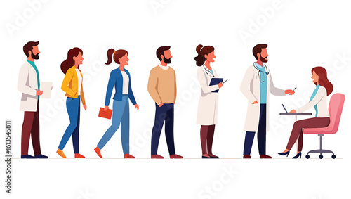 Patients and doctors standing in a queue at a medical clinic vector illustration.