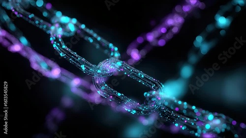A futuristic digital blockchain chain visualized with glowing lights and a dark background.