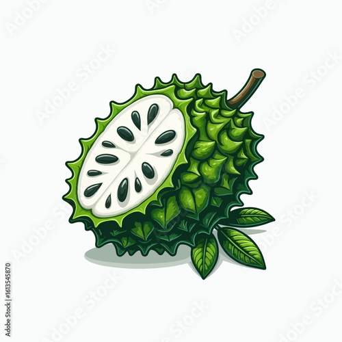 Vibrant illustration of a whole and halved soursop fruit with green leaves, showcasing its spiky exterior and white seeded interior.