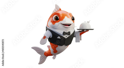 A charming cartoon koi fish, dressed as a waiter, balancing a covered plate.