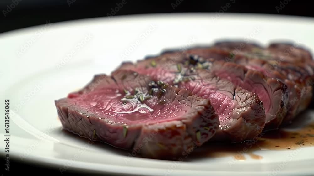 Close Up of Juicy Sliced Steak with Herbs on White Plate with a Dark Backdrop Close Up of Juicy Sliced Steak with Herbs on White Plate with a Dark Backdrop