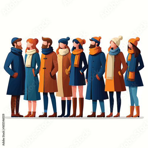 A group of diverse people in winter clothing standing together. Vector illustration.