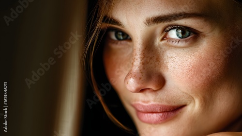 Close-up view of a woman's face with freckles and natural makeup.