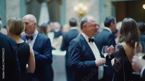 Elegant Adults Gather at Formal Gala Event With Warm Lighting And Teal Walls