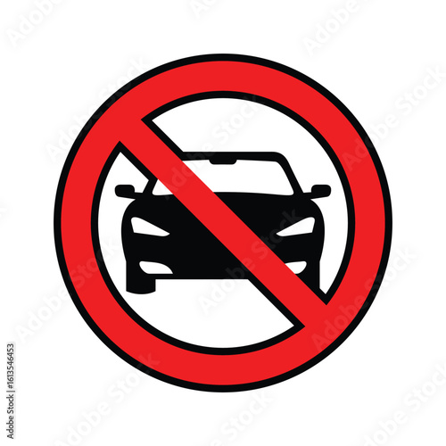 No Car Sign Vector, Red Prohibition Symbol for Vehicle Restricted Zones