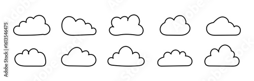 Outline clouds icons. Doodle fluffy clouds. Puffy, cumulus clouds. Cloudy forms patterns in black thin contour. Weather element templates. Objects cloudscape samples. Hand drawn black cute icons.