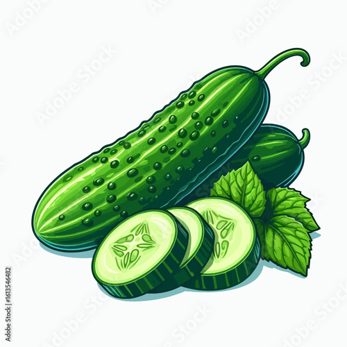 Vibrant green cucumbers, whole and sliced, with fresh leaves, depicted in a clear, illustrative style.