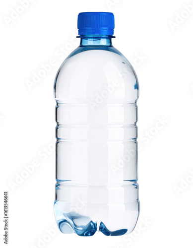 Clear mineral water bottle with blue cap PNG