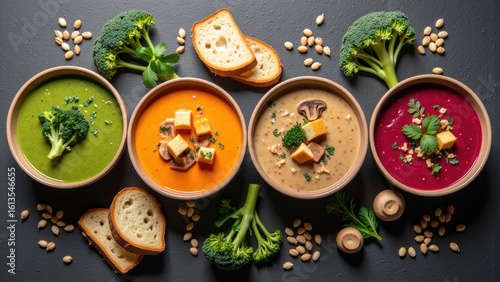 Wallpaper Mural Delicious soups in vibrant colors served in bowls, garnished with herbs and bread slices, creating cozy and inviting meal experience Torontodigital.ca