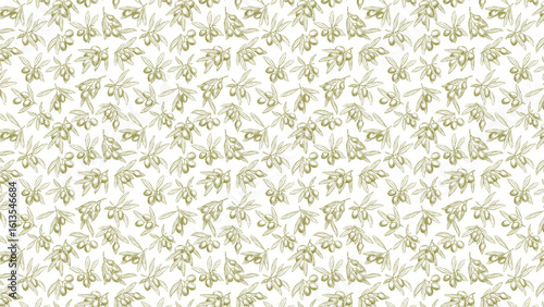 Seamless pattern of olive branches with green olives scattered on a white background in a repeating design