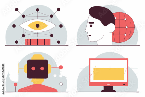 Zestaw nowoczesnych ikon na temat sztucznej inteligencji (AI), uczenia maszynowego i technologii. Idealne do projektów IT i wizualizacji danych.
