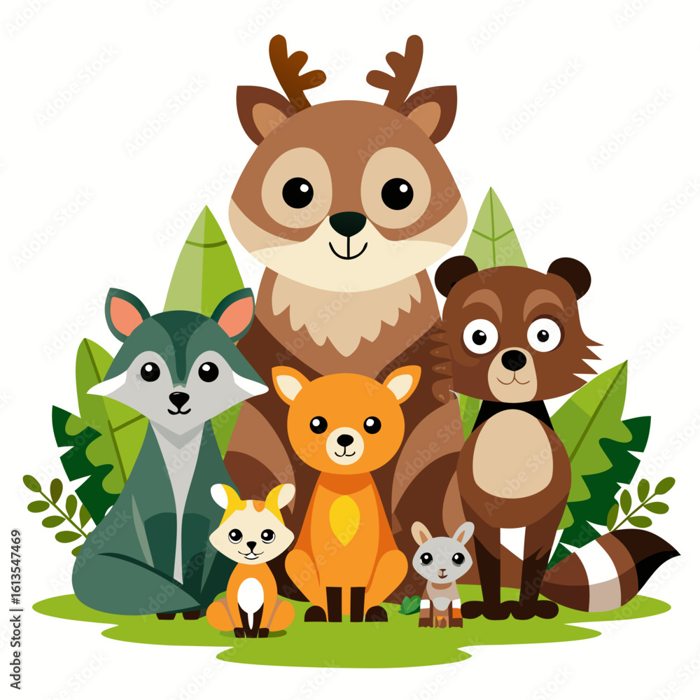 Fototapeta premium Adorable Cartoon Forest Animals: Happy Woodland Critters Illustration, Childrens Book Style