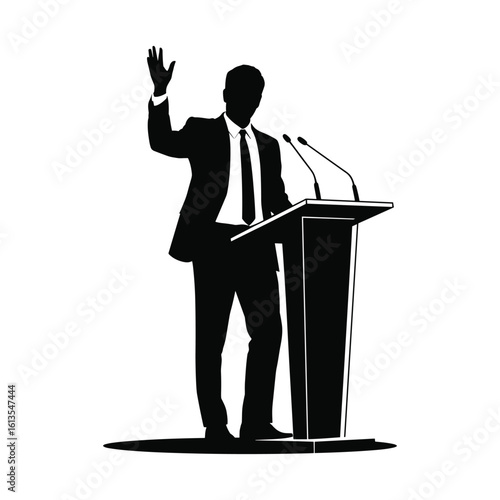 Silhouette of a confident businessman speaking at a podium with microphones