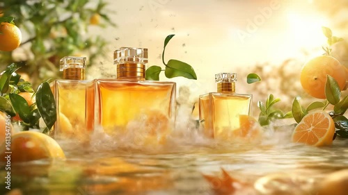 Golden perfume bottles and citrus fruit in a sunlit setting