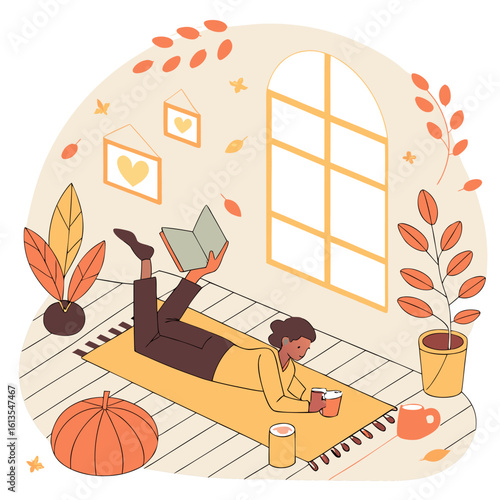 Illustration of a woman reading a book on a rug in a cozy room with fall decor and natural light coming in