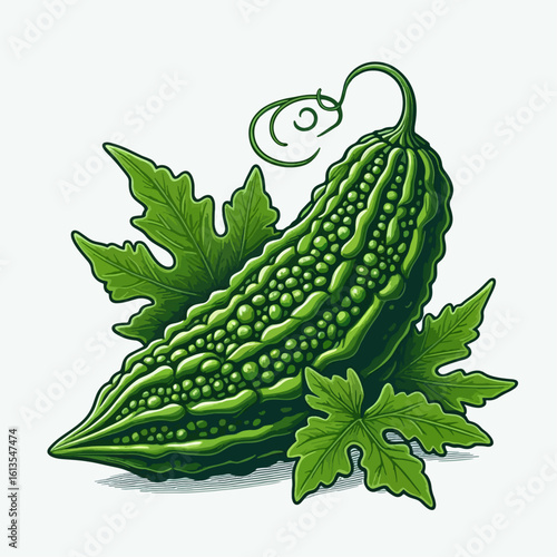 Vibrant, detailed illustration of a bitter melon with leaves, displayed against a plain white backdrop.