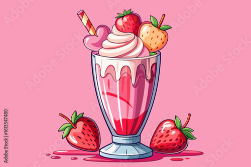 vector of A glass of strawberry milkshake with whipped cream and fresh strawberries on a pink background in a tall crystal glass with strawberries garnished around it.