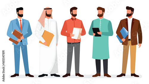 A diverse group of male professionals in business and cultural attire vector illustration.