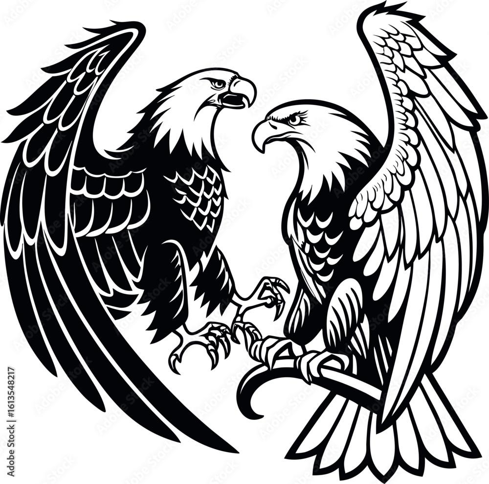 Fototapeta premium Mirrored Double Eagle Silhouette Design with Back to Back Eagles Illustration