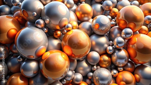 A myriad of lustrous spheres, gleaming in shades of silver and burnished gold, create a captivating abstract composition.