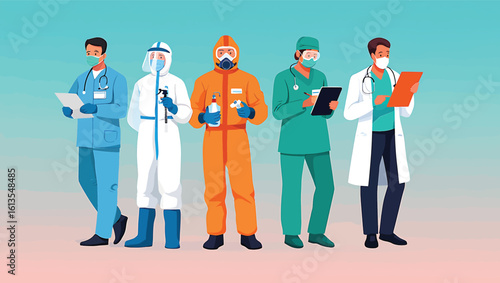 Vector illustration of a team of essential medical professionals in uniform