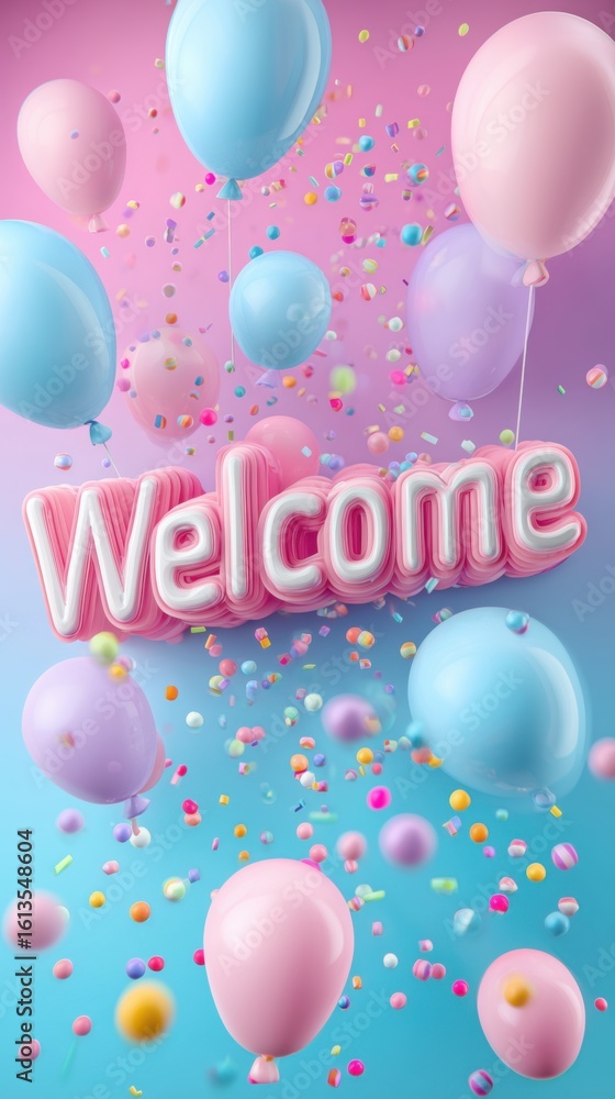 Fototapeta premium Festive decoration scene with colorful balloons and welcome message in pastel colors for celebration