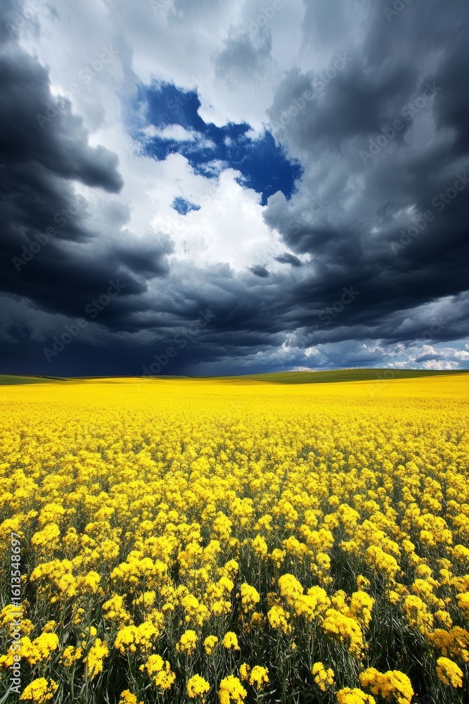 Obraz premium Vast golden canola field beneath strikingly dramatic skies with dynamic cloud patterns