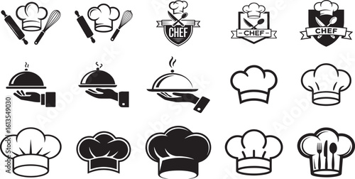 Culinary Icon Set with Chef Hats Serving Dishes and Utensils in Black and White Vector Illustration
