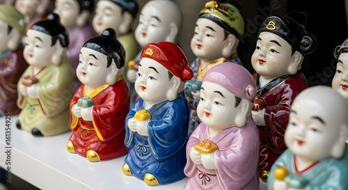 Row of Adorable Multi-Colored Ceramic Buddha Figurines Displayed on a Shelf