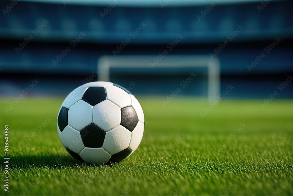 Obraz premium Soccer Ball Centered on Grass Soccer Field with Goal Post in Background in Stadium Setting Focus on Sports Theme