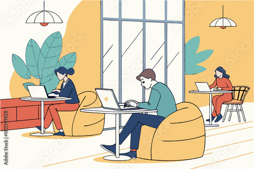 People working on laptops in a modern co working space illustration