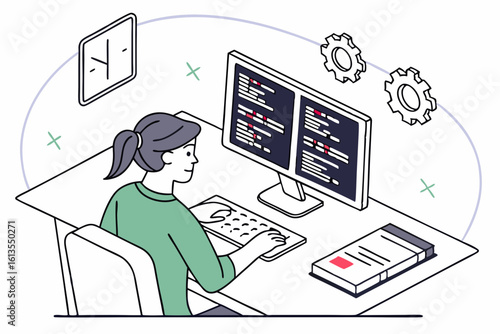 Female Software Developer Working on Computer with Code and Gears Illustration