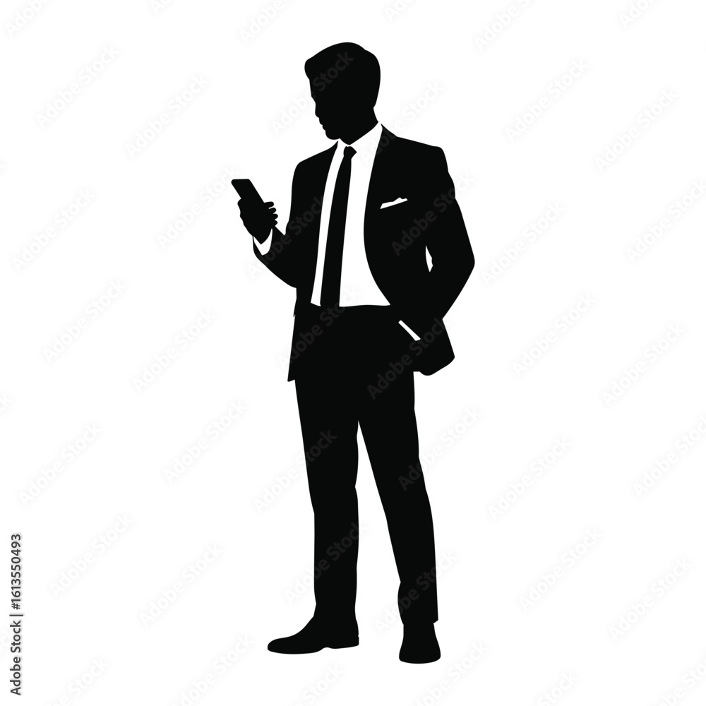 Obraz premium Silhouette of a businessman in a suit checking his smartphone