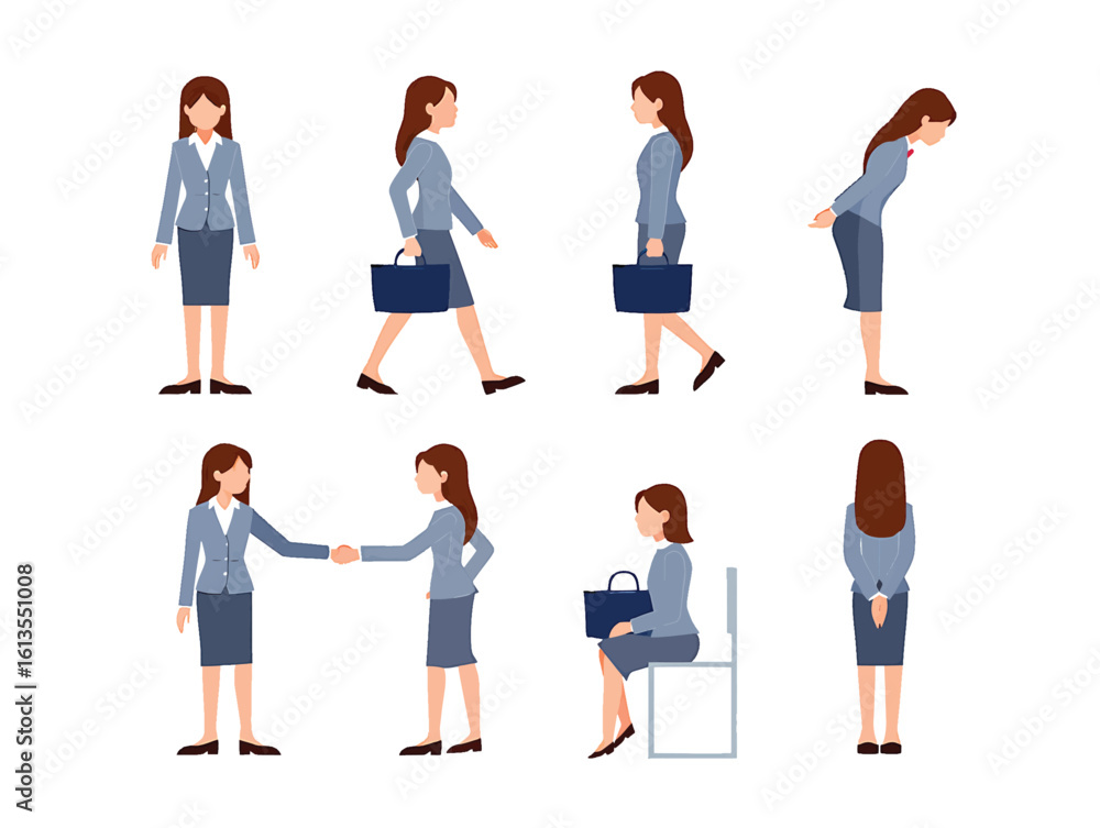 Corporate woman character vector set with various poses and gestures Corporate woman character vector set with various poses and gestures