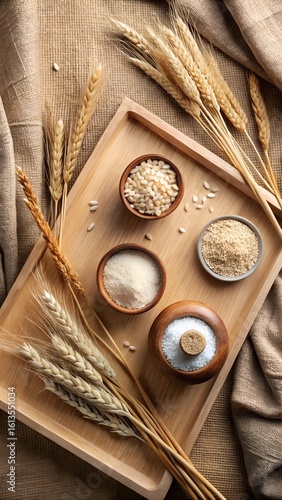 Photo of a wooden tray holds bowls of various grains like wheat, rice, and oats, alongside sugar and salt, with wheat stalks scattered around