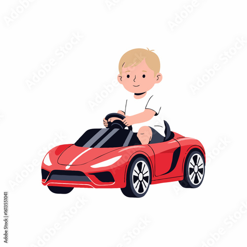Little boy driving electric toy car flat vector illustration