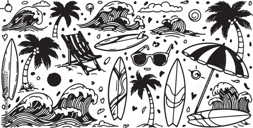 Collection of hand drawn summer beach and surf elements isolated on transparent background