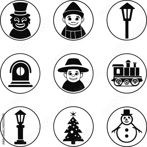 Christmas, character, icon, set, vintage, circle, silhouette, vector, black, isolated, illustration, design, holiday, winter, story
