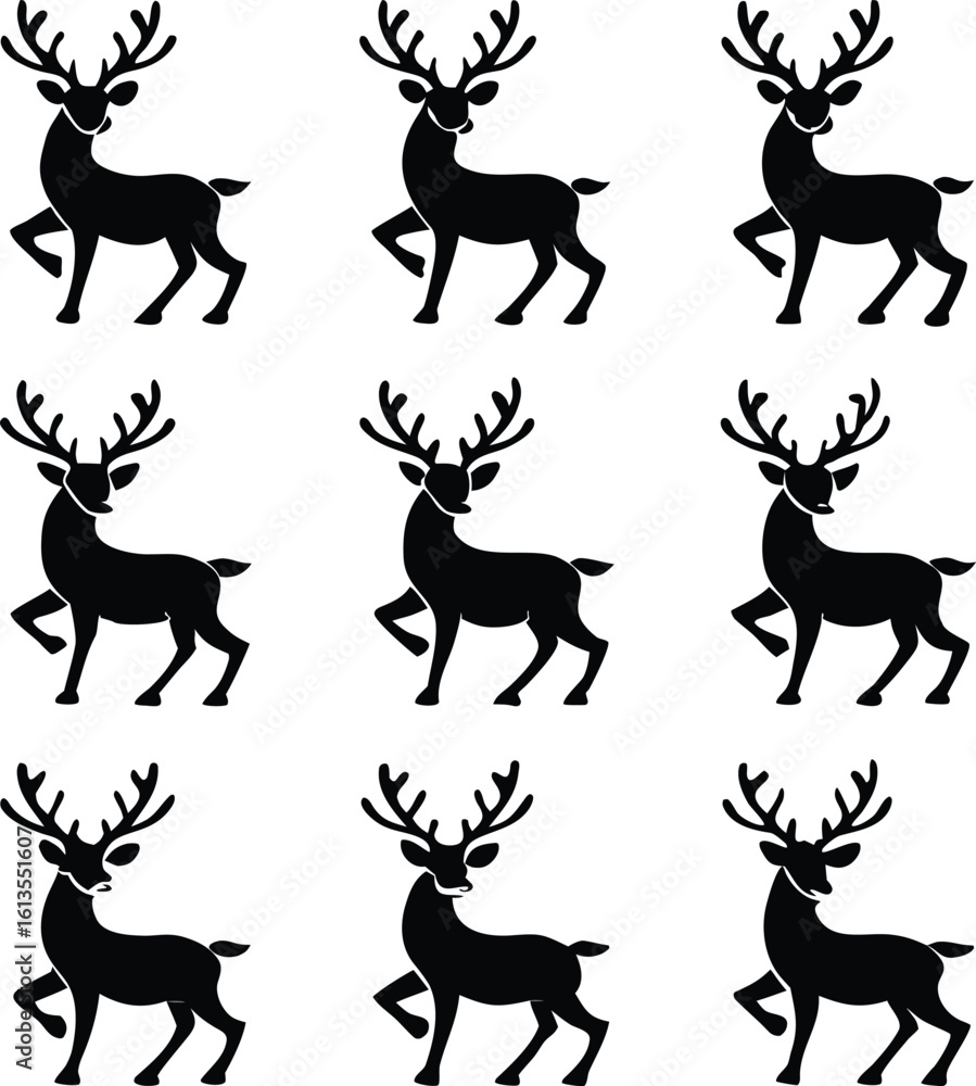 Fototapeta premium Reindeer, pattern, silhouette, christmas, animal, vector, black, isolated, illustration, design, seamless, background, holiday, deer, winter