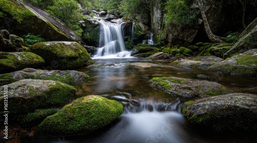 Tranquil waterfall cascading over mossy rocks