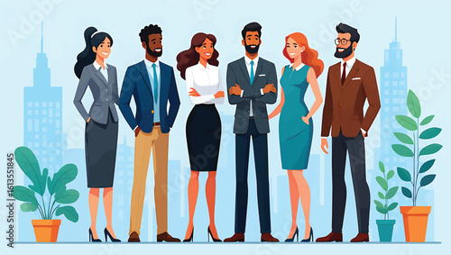 Diverse business team of professionals in a modern city vector illustration.