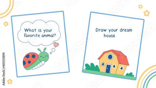 Two cards with drawing prompts featuring a ladybug and a house on a colorful background with stars and circles